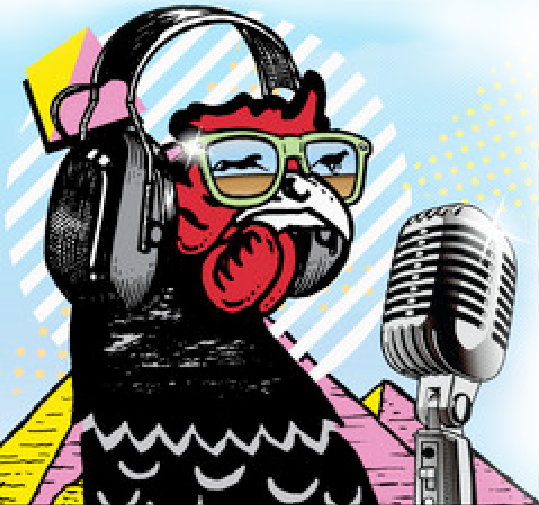 Chicken with audio gear on, headphones and mic