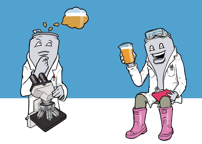 Two canable illustrations, both wearing lab coats. Left one using microscope, right one wearing pink boots.